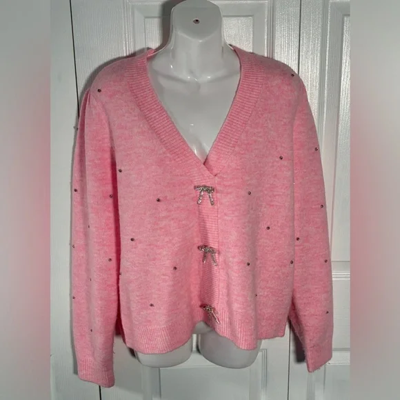 Lilly Pulitzer Ellorie Bow Sweater Pink Heathered ConchShell Paradise Rhinestone - Picture 2 of 11